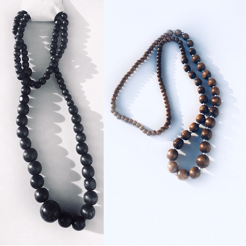 Vintage Black Deep Brown Wood Beaded Boho Earthy Necklace set of 2 Necklaces